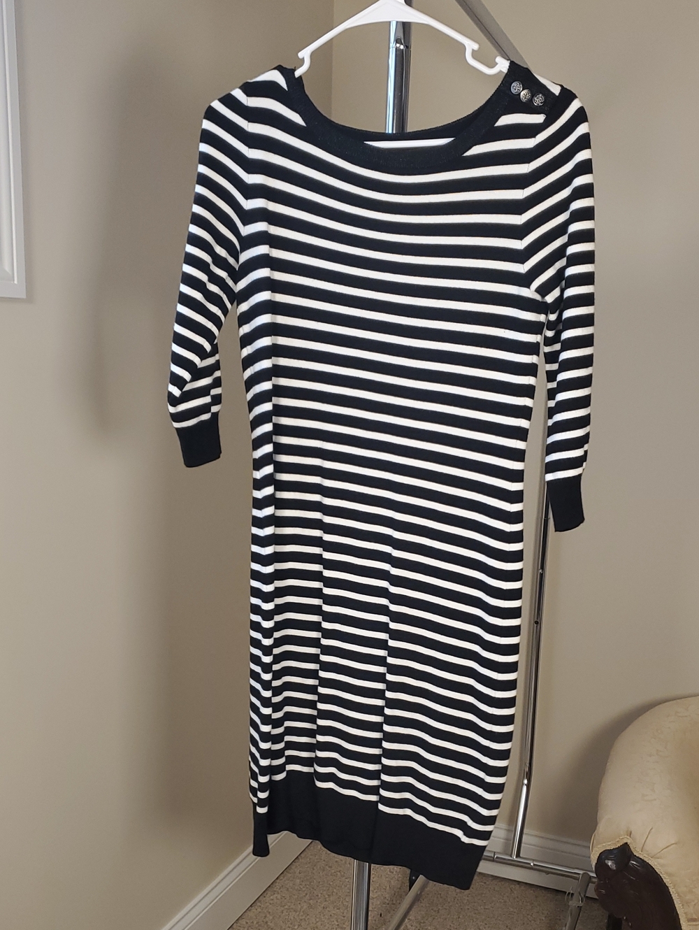 White House Black Market Black and White Striped Long Sleeve Knit Dress